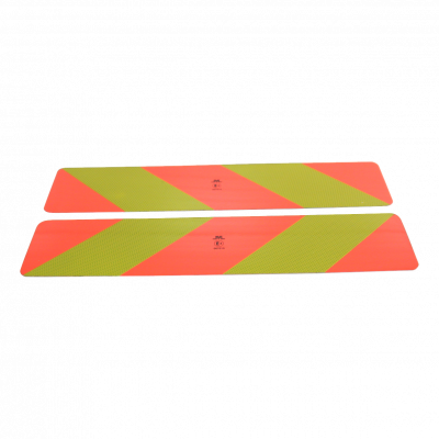 panneau de signalisation semi-remorque >3500kg rouge / jaune à rayures diagonales 2 x 566mm (1 x gauche, 1 x à droite)