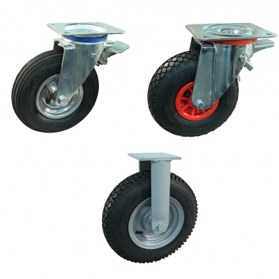 Swivel and fixed castors with pneumatic tyres
